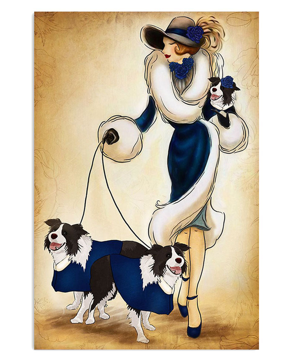 Border Collie Cute Dog Lady And Collies Poster, Animal Lovers Vintage Wall Art, Dog Mom Gift
