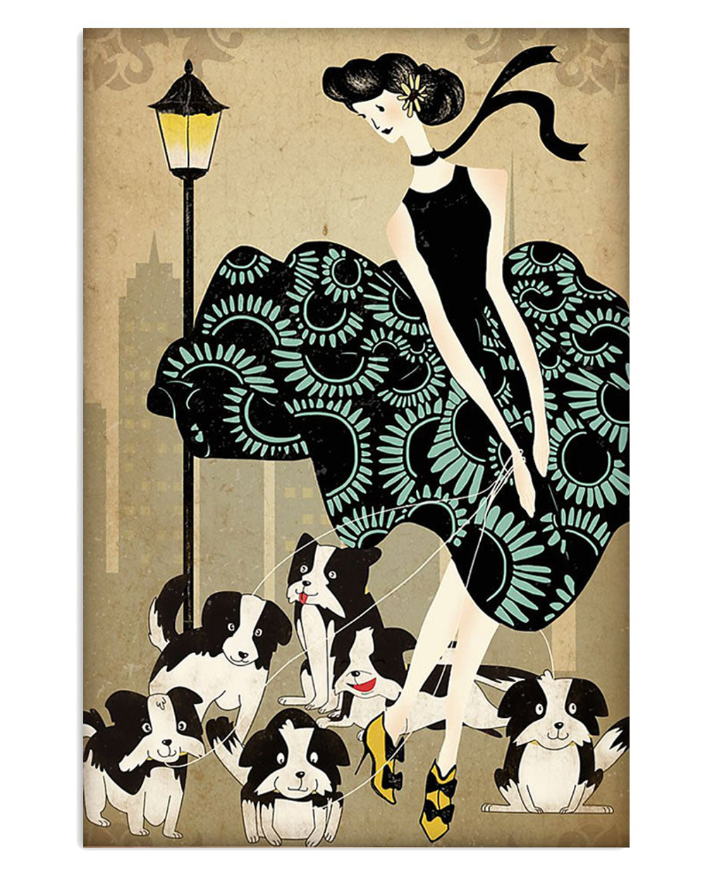 Border Collie Cute Dog Lady And Little Collies Puppies Merle Collie Lover Vintage Poster, Dog Mom Gift