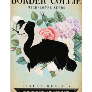 Border Collie Cute Dog Wild Flower Seeds Puppies Merle Collie Lover Poster, Animal Vintage Wall Art