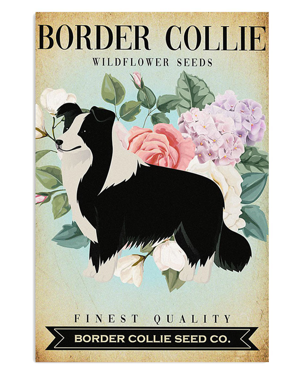 Border Collie Cute Dog Wild Flower Seeds Puppies Merle Collie Lover Poster, Animal Vintage Wall Art