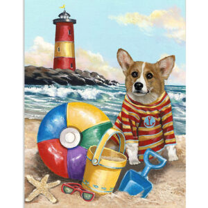 Cute Pembroke Welsh Corgi Prints Play In The Beach Corgi Lover Poster, Corgi Vintage Wall Art
