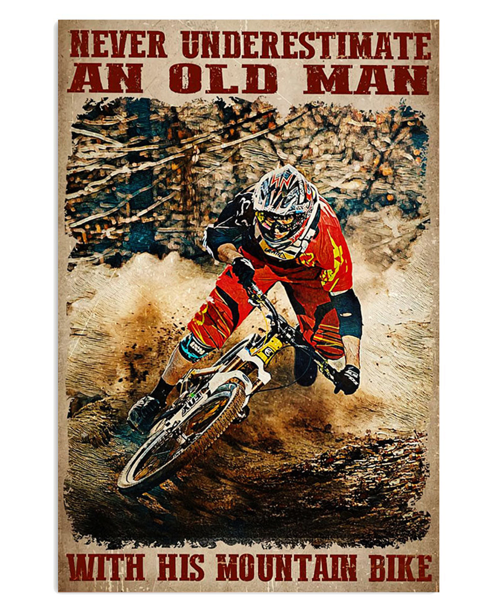 Cycling Mountain Biking Old Man With Mountain Bike Poster, Biking Vintage Poster, Cycling Lovers Gift