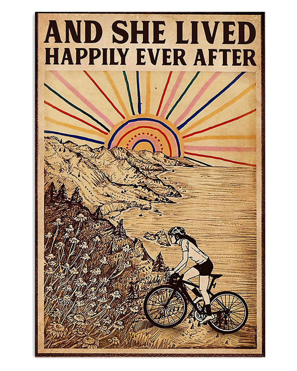 Cycling Mountain Biking She Lived Happily Poster, Biking Vintage Poster, Cycling Lovers Gift