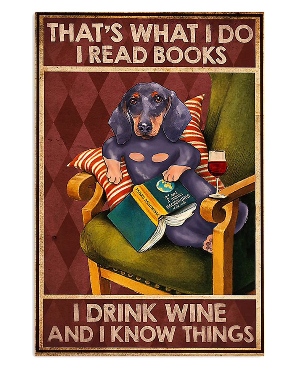 Dachshund Book Wine Puppies Lover Poster, Animal Lovers Vintage Wall Art, Dog Mom Gift