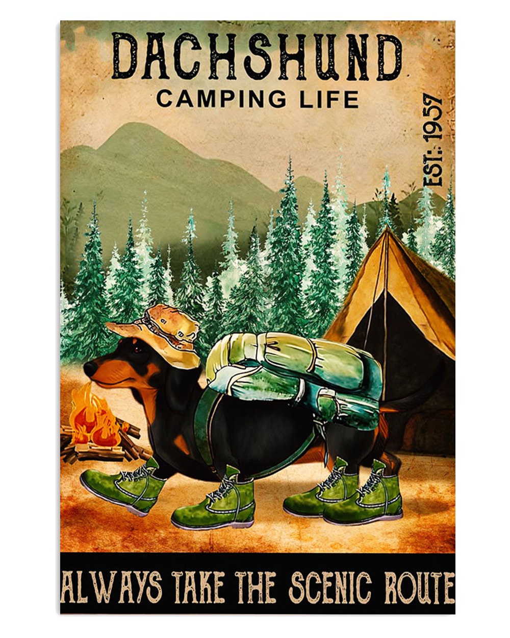 Dachshund Camping Life Puppies Lover Poster, Animal Lovers Vintage Wall Art, Dog Mom Gift