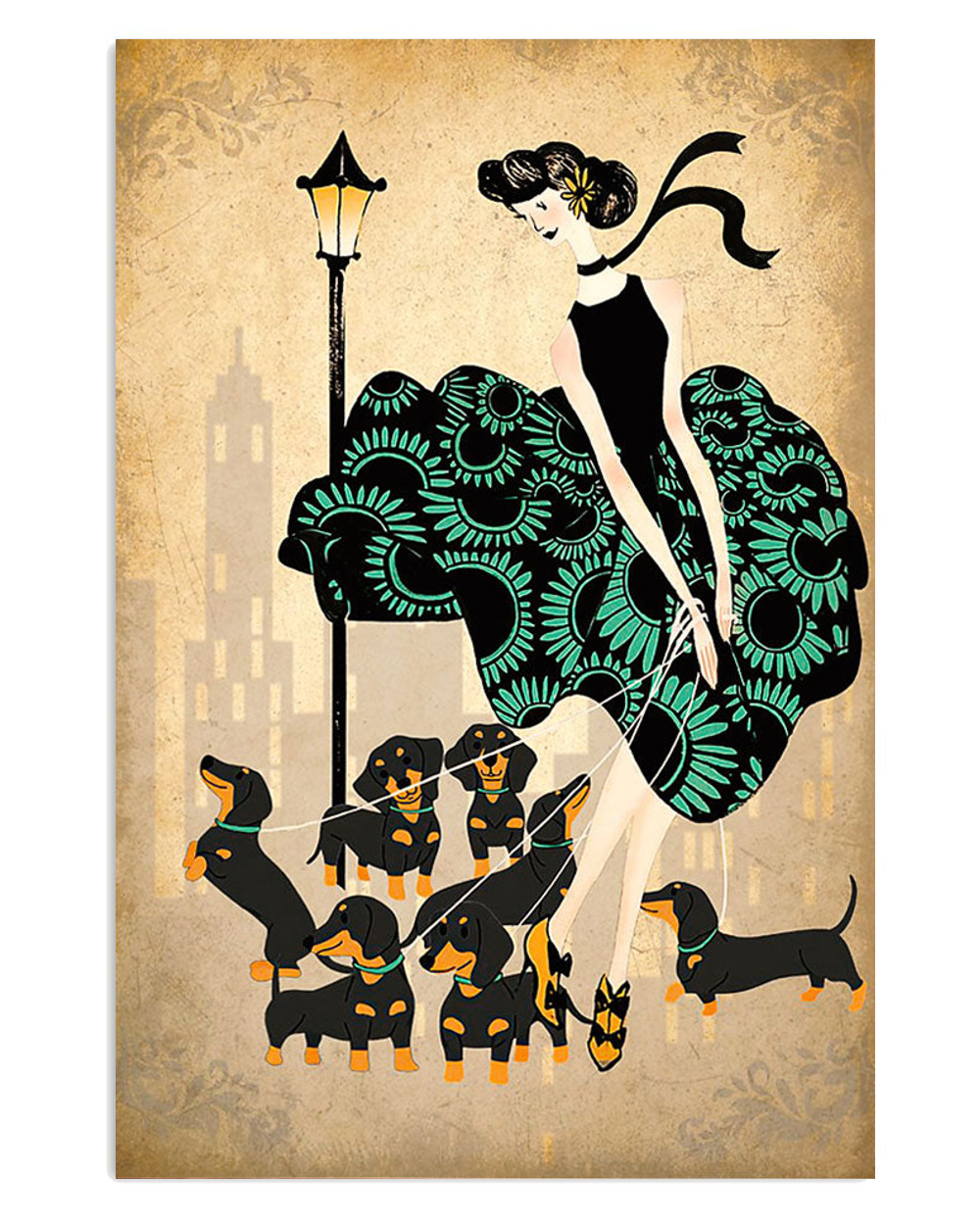 Dachshund Lady And Dogs Puppies Lover Poster, Animal Lovers Vintage Wall Art, Dog Mom Gift