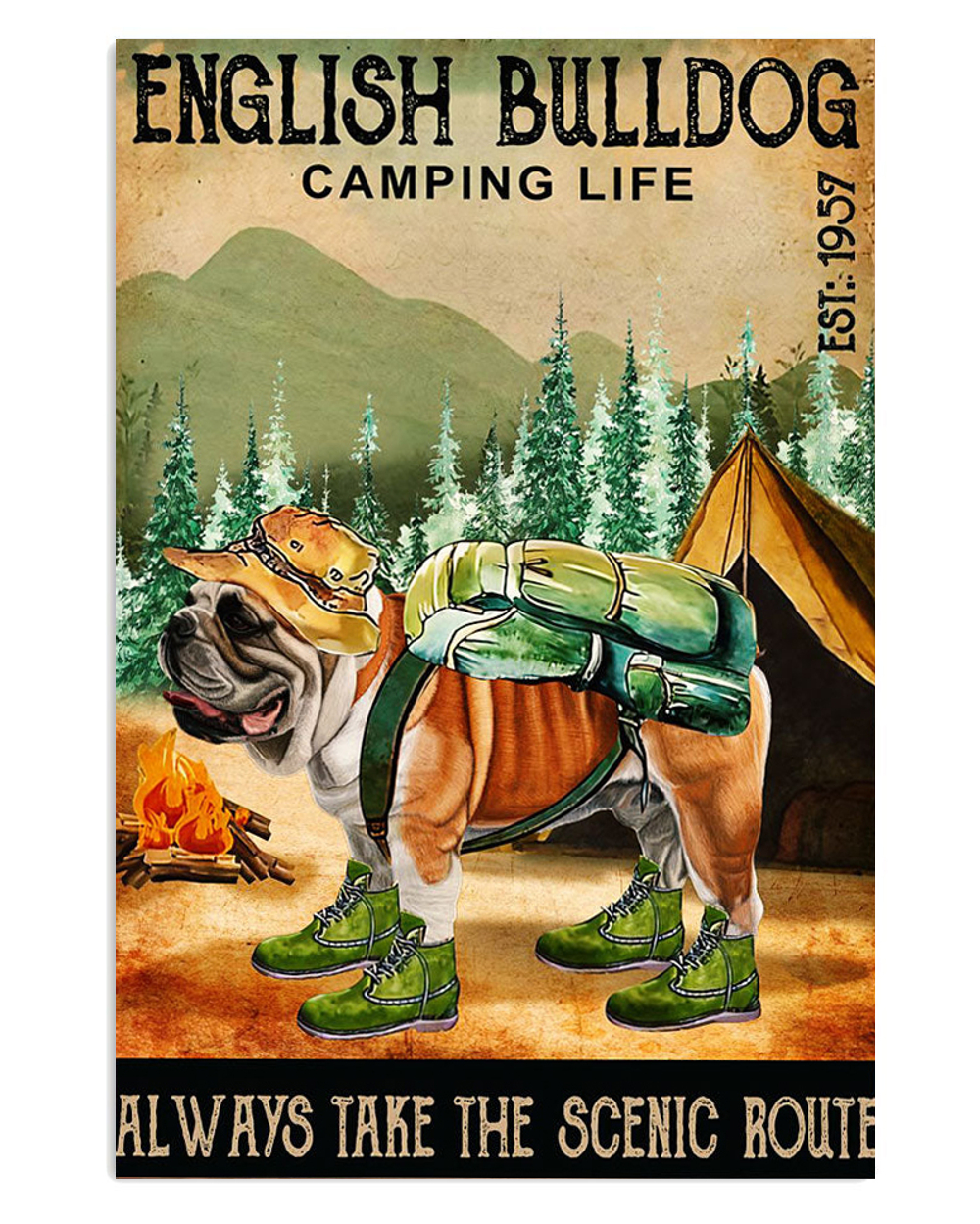 English Bulldog Camping Life Puppies Lover Poster, Animal Lovers Vintage Wall Art, Dog Mom Gift