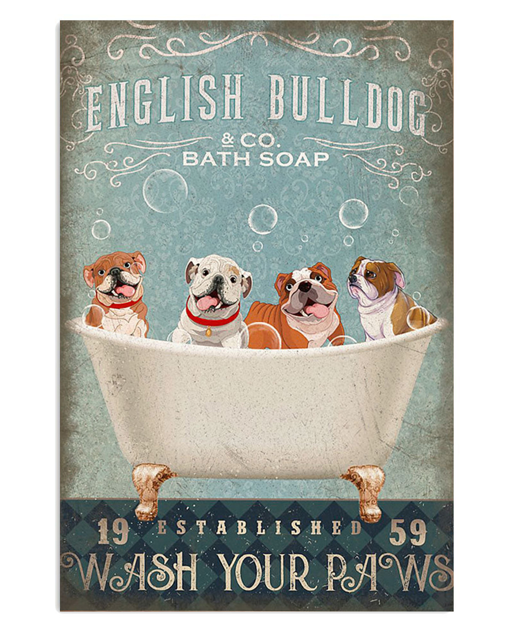 English Bulldog Dog Bath Soap Puppies Lover Poster, Animal Lovers Vintage Wall Art, Dog Mom Gift