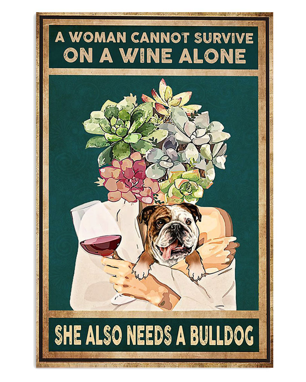 English Bulldog Girl Loves Bulldog And Wine Puppies Lover Poster, Animal Lovers Vintage Wall Art