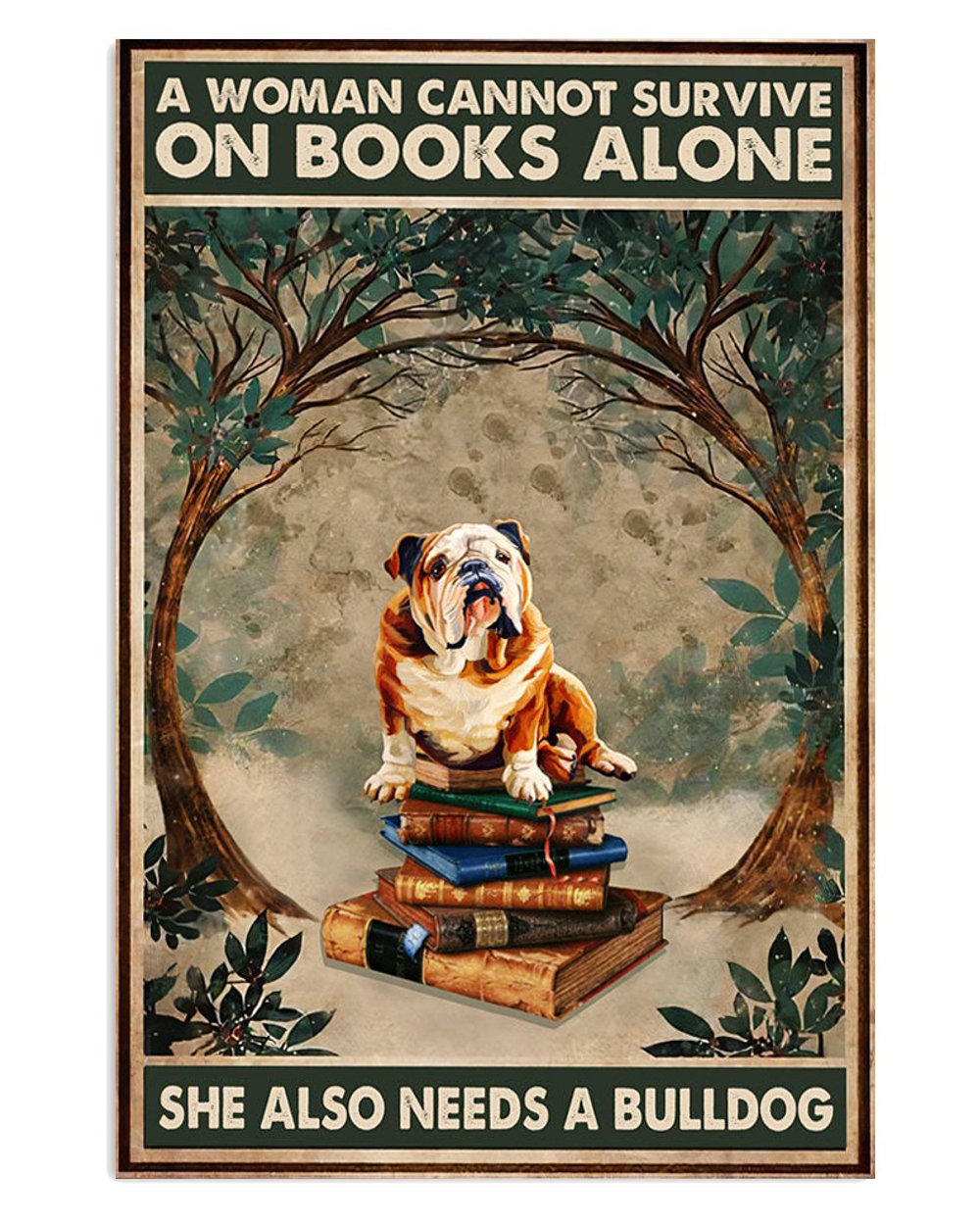 English Bulldog Woman Loves Books And Bulldog Puppies Lover Poster, Animal Lovers Vintage Wall Art