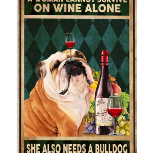 English Bulldog Woman Loves Wine And Bulldog Puppies Lover Poster, Animal Lovers Vintage Wall Art