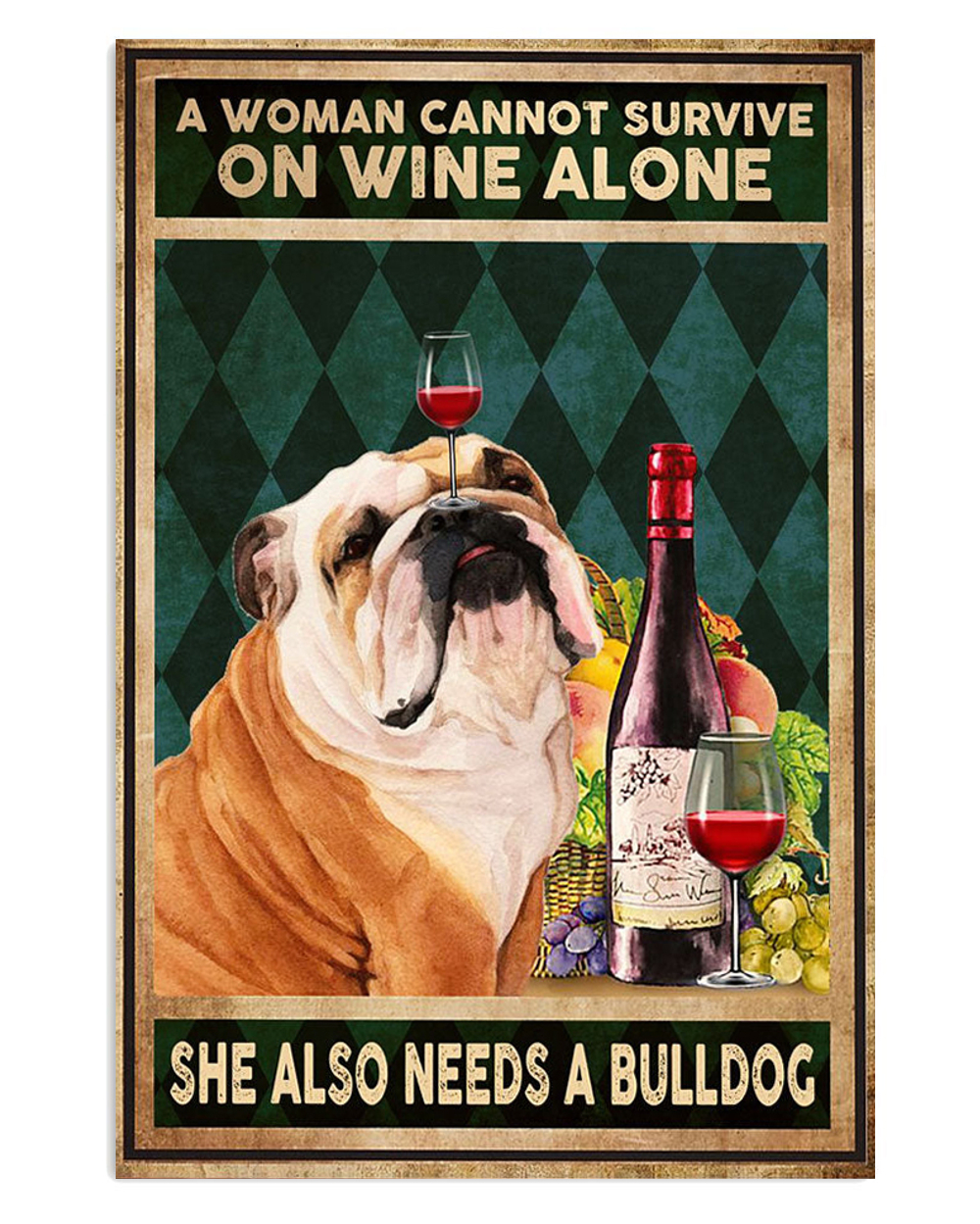 English Bulldog Woman Loves Wine And Bulldog Puppies Lover Poster, Animal Lovers Vintage Wall Art