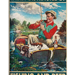Fishing Distracted By Fishing And Beer Vintage Poster, Fishing Lover Gift, Dog Lover Poster