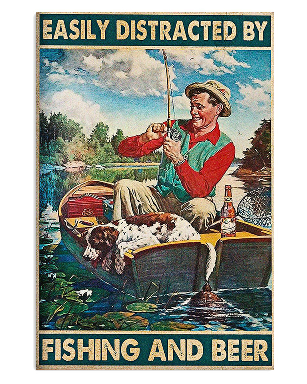 Fishing Distracted By Fishing And Beer Vintage Poster, Fishing Lover Gift, Dog Lover Poster