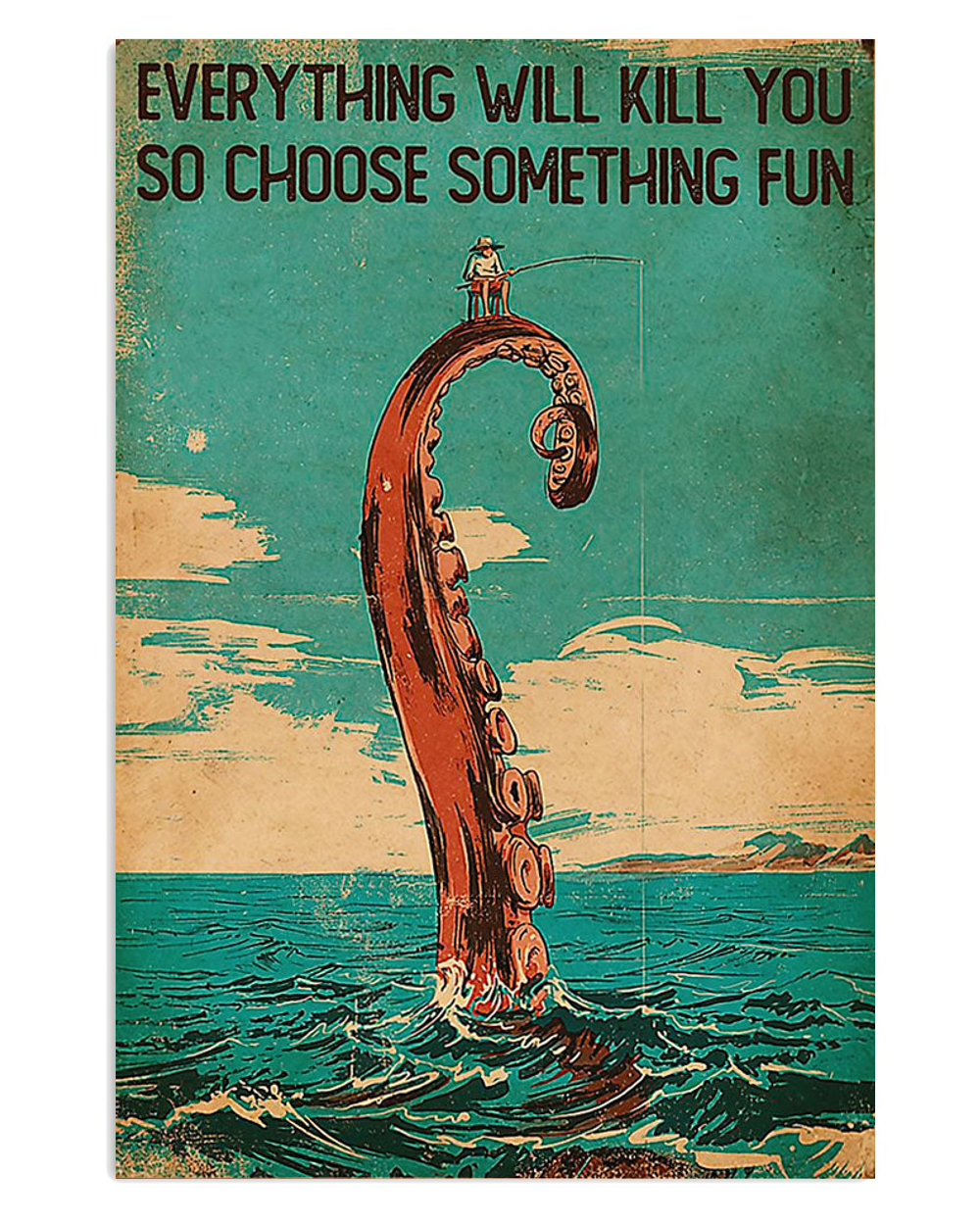 Fishing Man Octopus Vintage Poster, Fishing Lover Gift, Retro Fishing Hobby Poster
