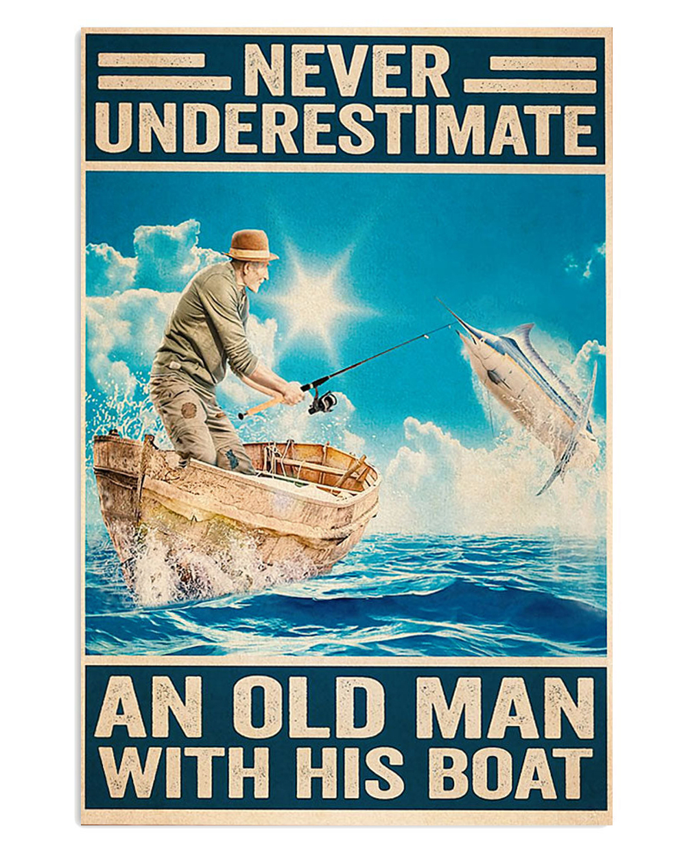 Fishing Never Underestimate An Old Man Vintage Poster, Fishing Lover Gift, Retro Fishing Hobby Poster