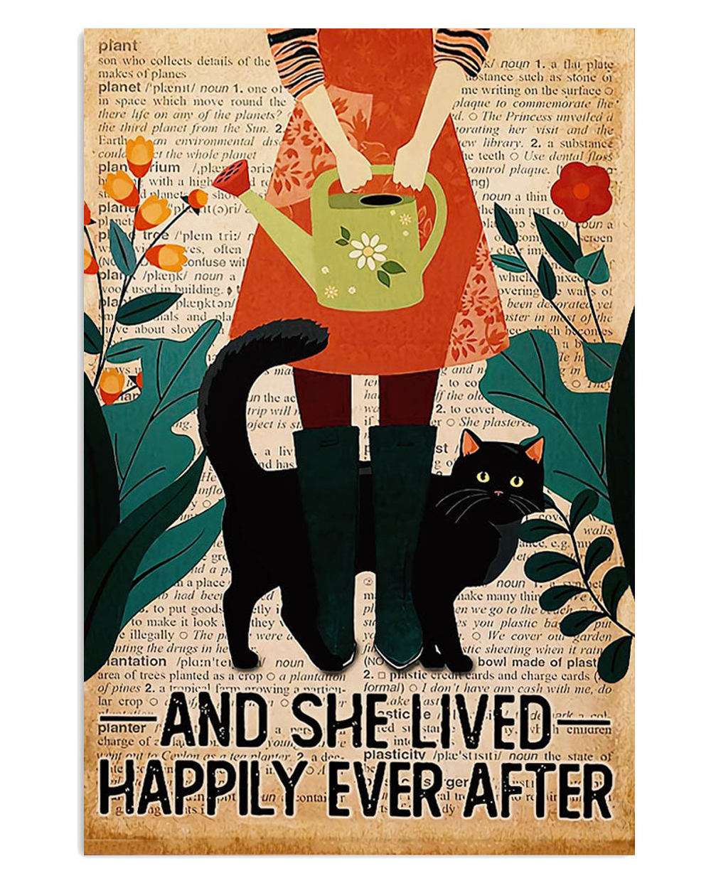 Gardening Black Cat And Girl Poster, Gift For Gardener, Plants Lover Vintage Poster