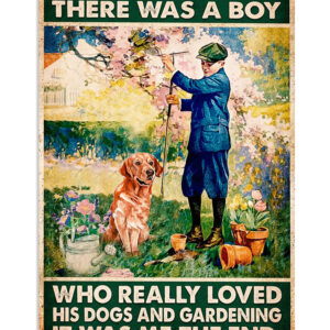 Gardening Boy Loves Dog And Gardening Poster, Gift For Gardener, Plants Lover Vintage Poster