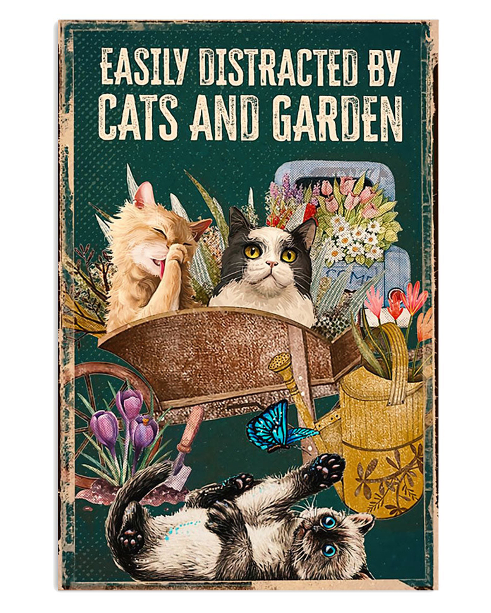 Gardening Distracted By Cats And Garden Poster, Gift For Gardener, Plants Lover Vintage Poster
