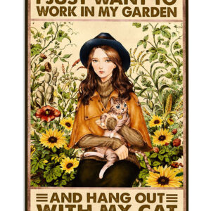 Gardening Girl And Cat In Garden Poster, Plants Lover Vintage Poster, Gift For Gardener