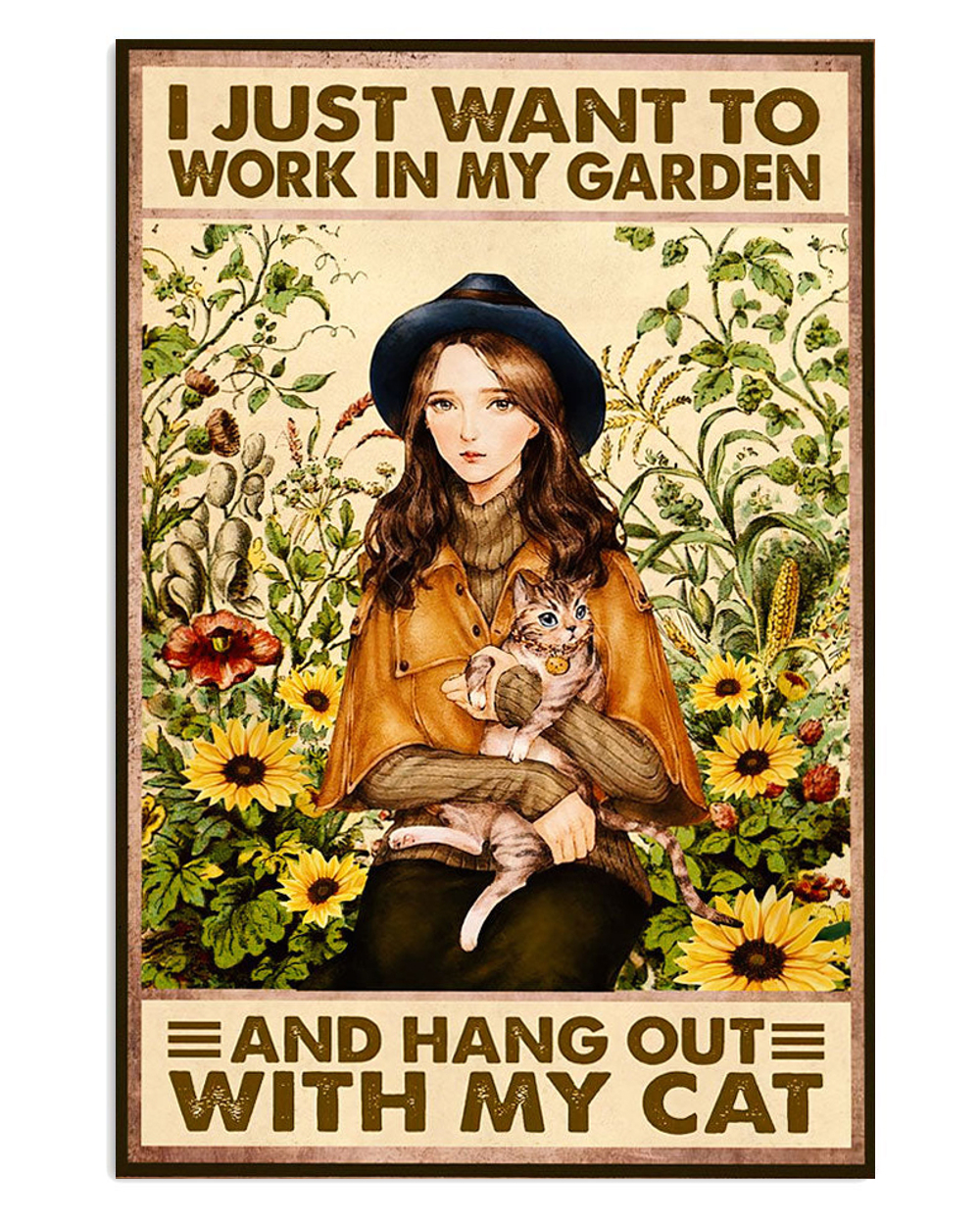 Gardening Girl And Cat In Garden Poster, Plants Lover Vintage Poster, Gift For Gardener