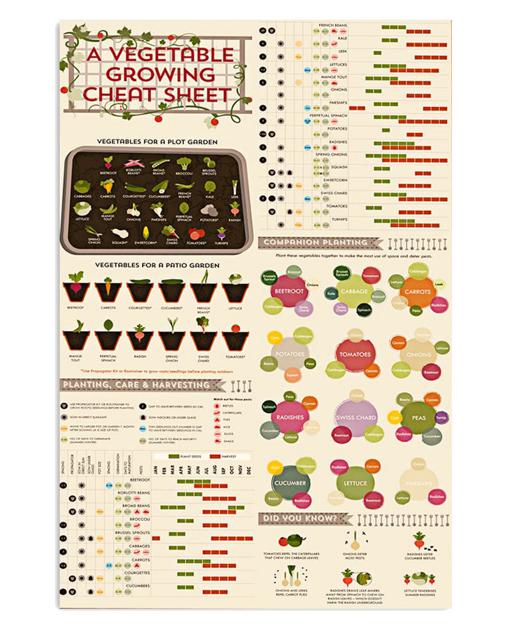 Gardening Vegetable Growing Cheat Sheet Poster, Plants Lover Vintage Poster, Gift For Gardener