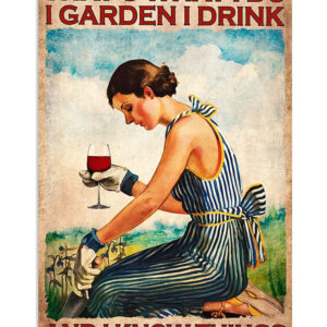 Gardening Woman Gardens And Drinks Poster, Plants Lover Vintage Poster, Gift For Gardener
