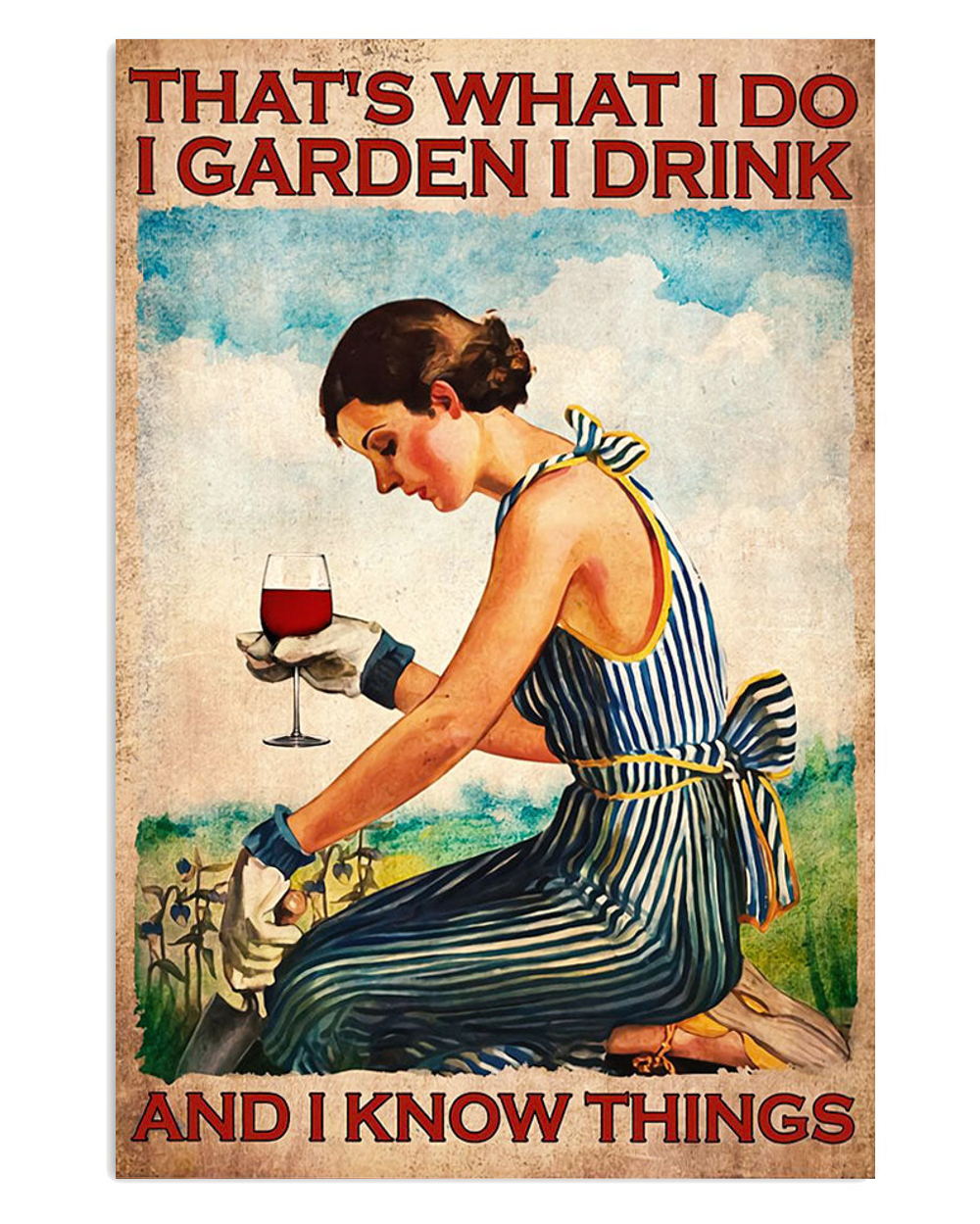 Gardening Woman Gardens And Drinks Poster, Plants Lover Vintage Poster, Gift For Gardener